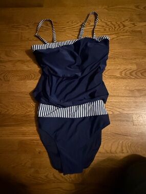 Navy One-Piece Swimsuit with Navy & White Striped Trim